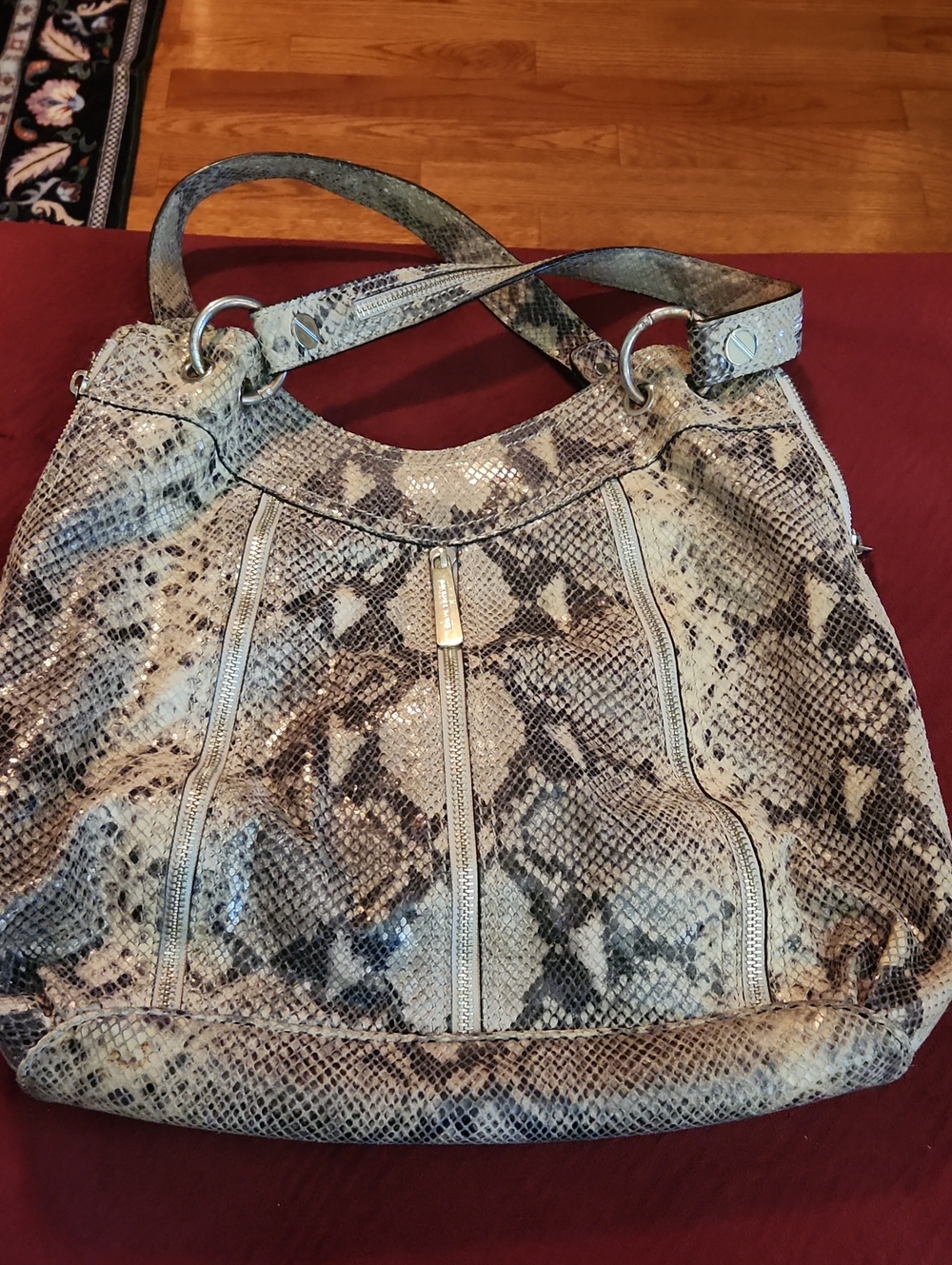 Michael Kors Beige and Black Snakeskin-Print Shoulder Bag with Silver Hardware